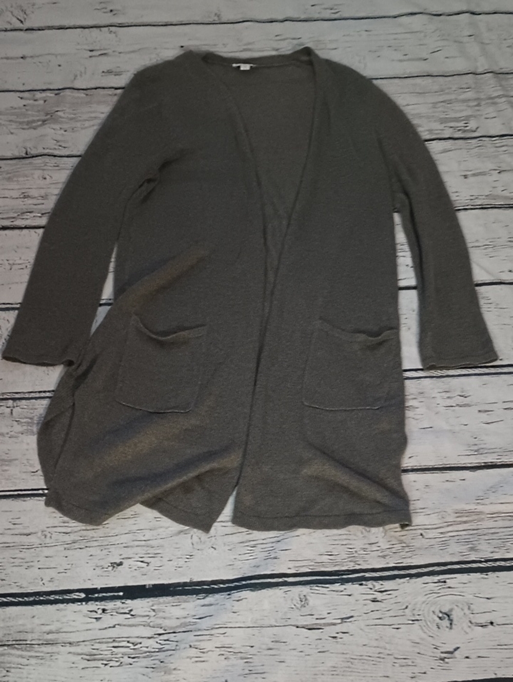 J.Jill Drab Olive Gray Linen Blend Open Cardigan Med Length Duster M Lagenlook